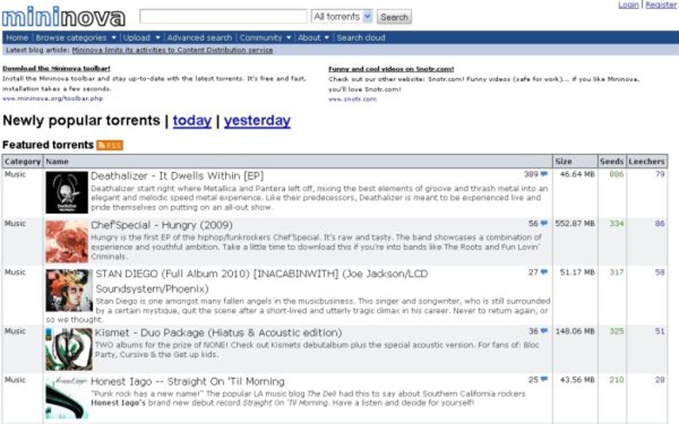 Print da capa do site do Mininova