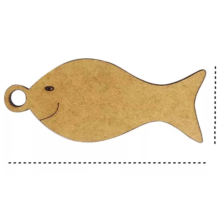 Foto de um peixe sorridente, recortado em uma placa de MDF, com linhas pontilhadas para referência de comprimento e altura