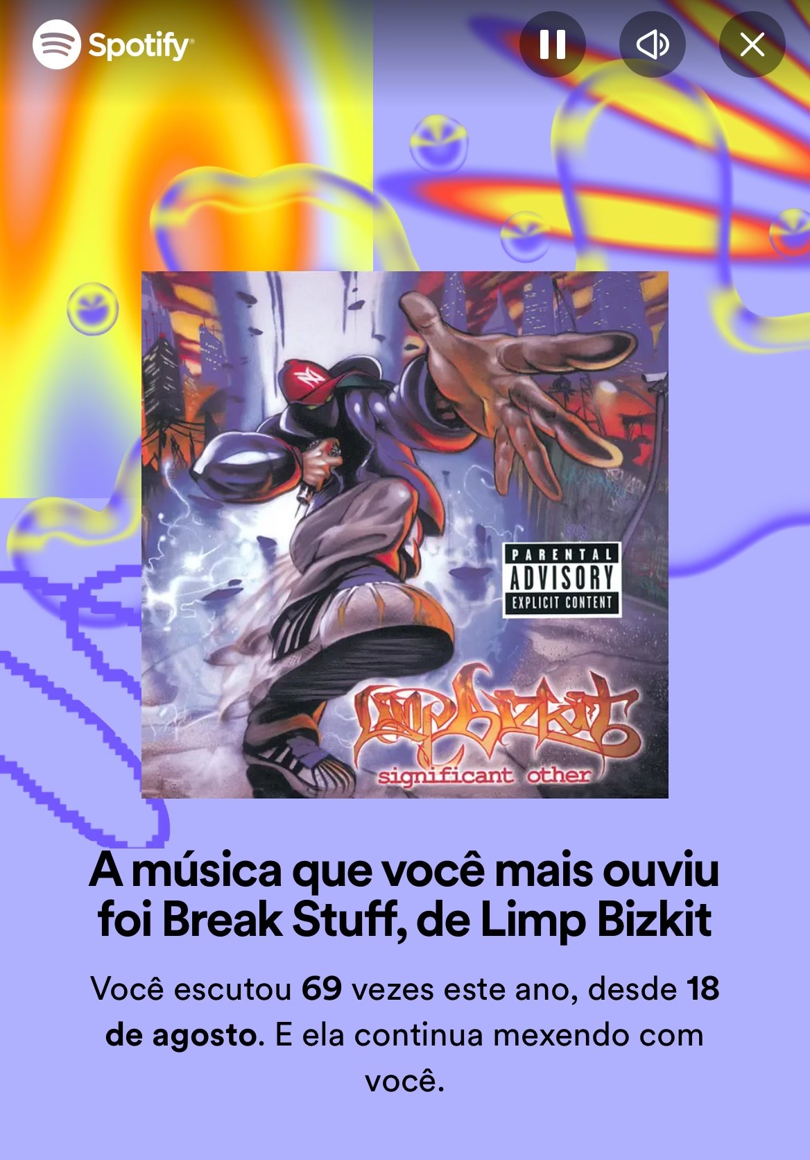Aviso do Spotify dizendo que a música que eu mais ouvi no ano foi Break Stuff, do Limp Bizkit