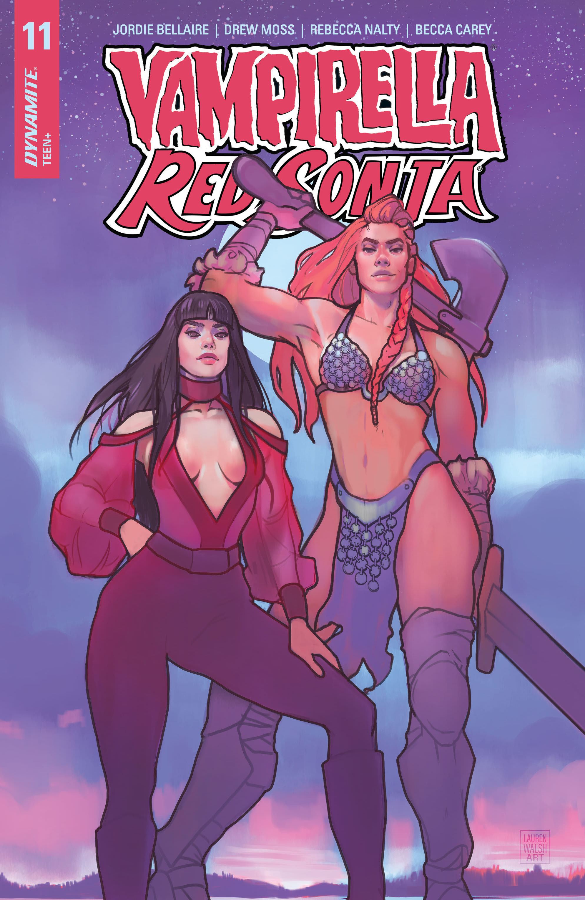 Capa alternativa da edição 11 da série Vampirella Red Sonja, com a personagem Sonja empunhando um machado e uma espada, ao lado da personagem Vampirella 