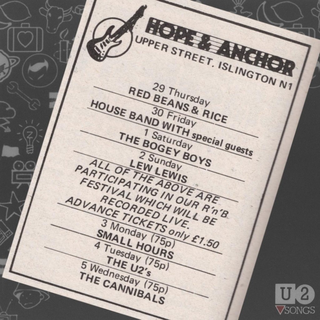 Programação do Hope and Anchor para a virada de novembro para dezembro em 1979, incluindo The U2's no dia 4/12