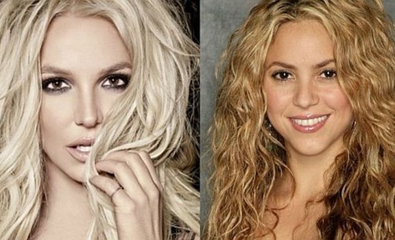Colagem com fotos em close de Britney e Shakira