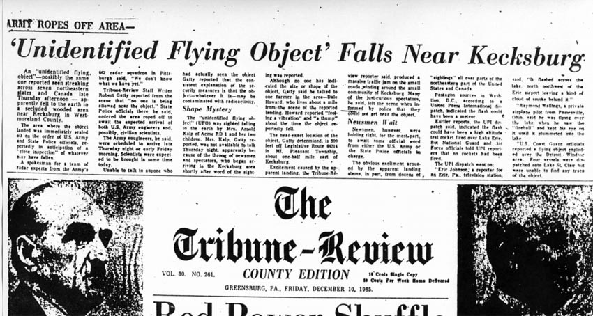 Matéria de jornal local com o título “'Unidentified Flying Object' Falls Near Kecksburg“