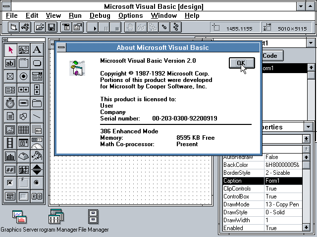 Janela do Visual Basic 2.0 exibindo o diálogo de identificação d eversão