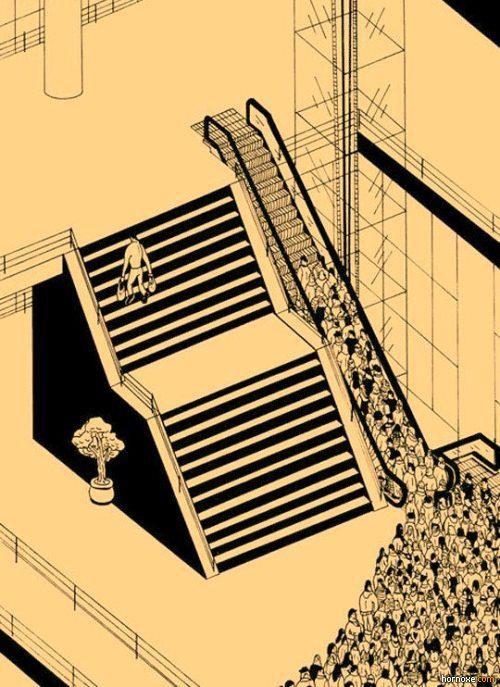 desenho de um homem subindo sozinho por uma escada espaçosa, carregando uma sacola em cada mão. Ao lado há uma escada rolante lotada e com pessoas aguardando para acessá-la, sem fazer uso da mesma escada que o homem acima preferiu. 