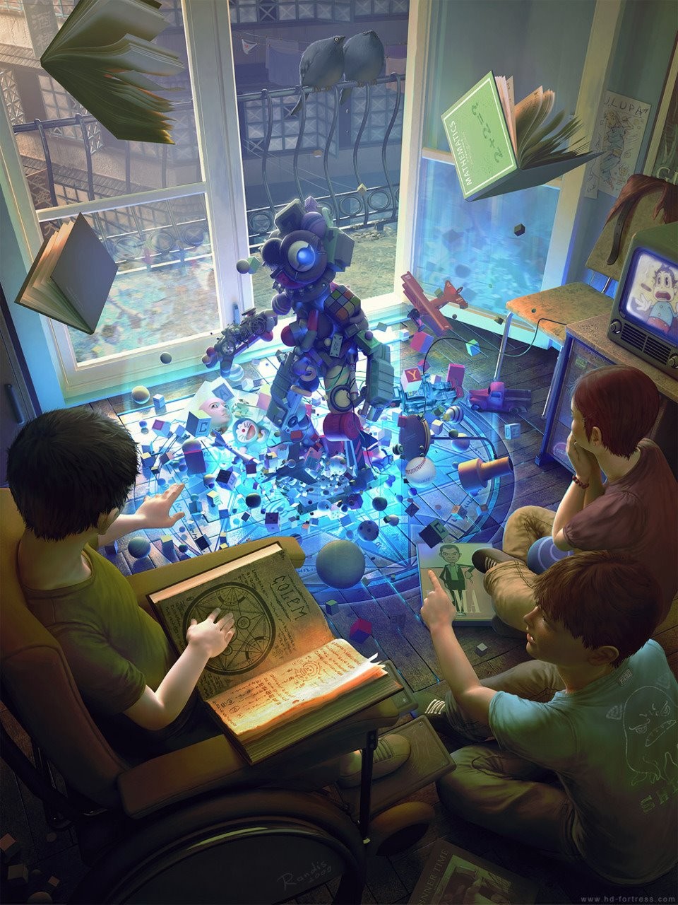 Ilustração em que crianças folheiam um livro de encantamentos enquanto um robô humanoide é montado no tapete do quarto, com peças de vários brinquedos. Ao redor, outros livros flutuam no ar.