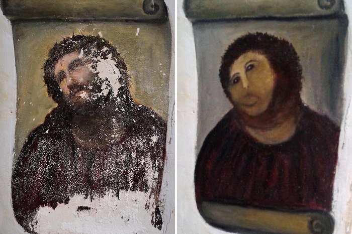 Obra sacra Ecce Homo, representando a figura de Jesus, antes e depois da tentativa desastrosa de “reparação“ executada por uma habitante da região em que estava exposta