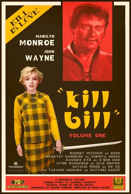 Cartaz do filme Kill Bill reimaginado, décadas atrás e tendo Marilyn Monroe e John Wayne como protagonistas