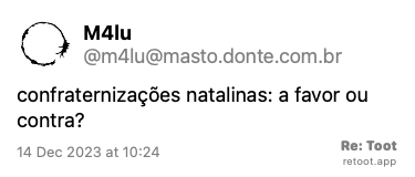 Post de M4lu. “confraternizações natalinas: a favor ou contra?“ Posted on 14 Dec 2023 at 10:24