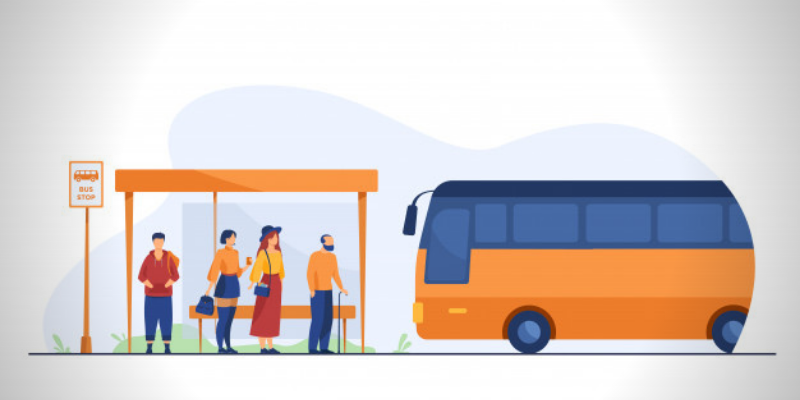 Ilustração mostra 4 pessoas aguardando em um ponto enquanto um ônibus se aproxima