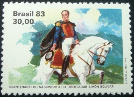 Selo postal brasileiro comemorativo do bicentenário do nascimento de Bolívar e retratando-o montado em um cavalo.