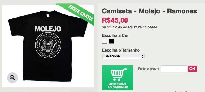 print de um site vendendo uma camiseta “Molejo - Ramones“, com o visual típico das camisetas dos Ramones, mas com o nome do Molejo e dos seus integrantes no lugar