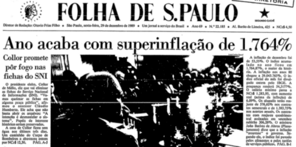 Capa da Folha do dia seguinte, com a manchete: Ano acaba com superinflação de 1.764%