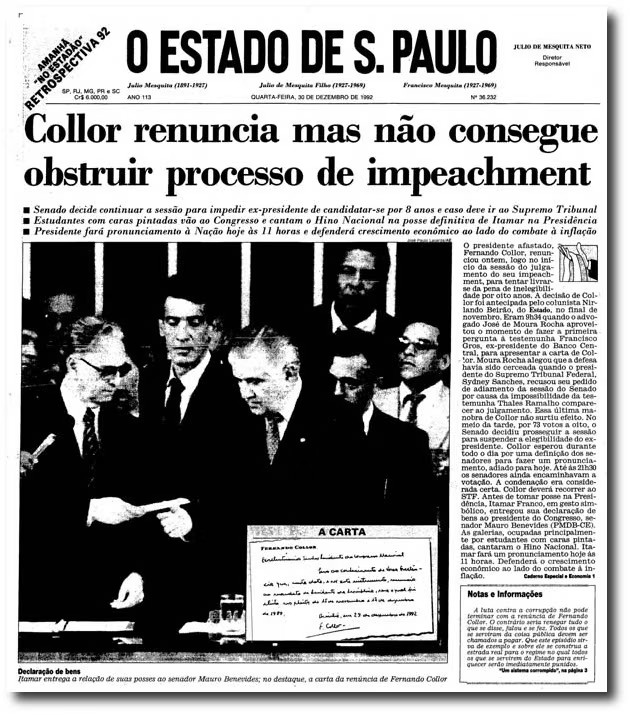 Capa do Estadão com foto da posse de Itamar e a manchete: Collor renuncia mas não consegue obstruir processo de impeachment