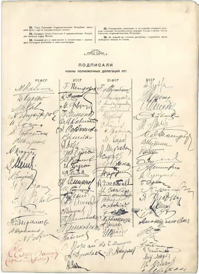 Ato de fundação da URSS com as assinaturas dos delegados das 4 repúblicas iniciais.