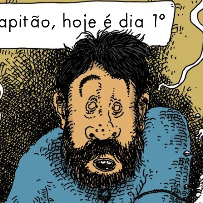 Close em uma versão transtornada do Capitão Haddock, do meme do “What a week, huh?”. Um balão de texto de história em quadrinhos permite ver parcialmente a resposta do Tintin (que não aparece na imagem), dizendo: “Capitão, hoje é dia 1º”