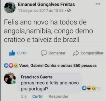Meme do Feliz Ano Novo para Angola, com print de rede social, mostrando seus 2 primeiros posts:<br>- Felis ano novo ha todos de angola,namibia, congo demo cratico e talveiz de brazil<br>- porras meo e felis ano novo pra portugal?