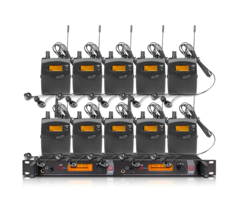 Sistema de rádio com 10 unidades intra-auriculares SM-2050 de 2 canais com monitor sem fio e estação central dedicada, pronta para montagem em racks de telecom, palco ou estúdio<br>