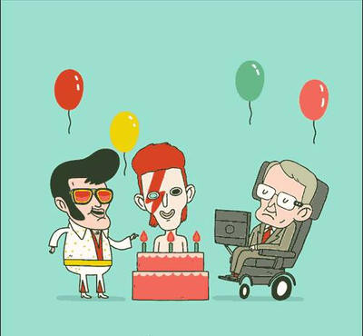 Ilustração com temática de aniversário mostrando Presley, Bowie e Hawking entre balões e um bolo