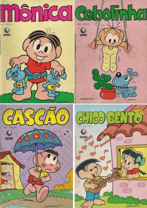 As edições número 1 das revistas da Turma da Mônica na Globo: Mônica, Cebolinha, Cascão e Magali