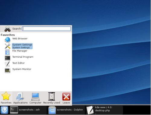 Tela mostrando o Kickoff, o “menu Iniciar“ do KDE 4.0