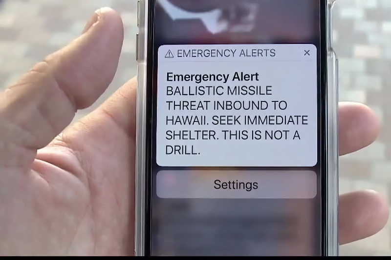 Celular mostrando notificação do alerta que diz: BALLISTIC MISSILE THREAT INBOUND TO HAWAII. SEEK IMMEDIATE SHELTER. THIS IS NOT A DRILL.