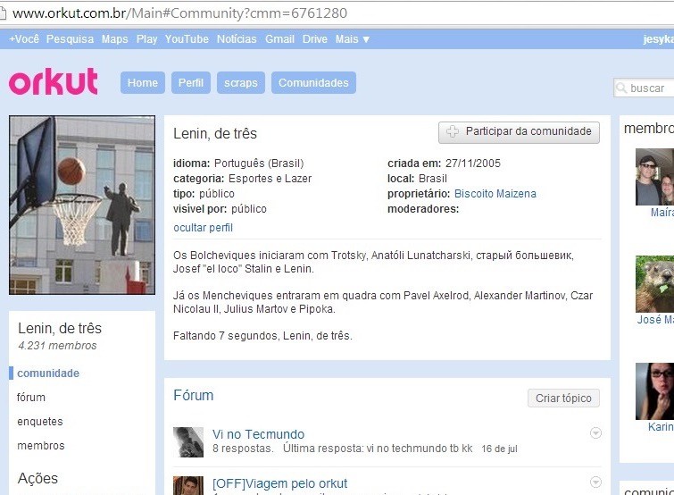 Print da tela da comunidade de ficção histórico-esportiva “Lênin, de três”.