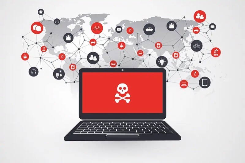 Ilustração representa um malware alcançando a Internet em todos os continentes