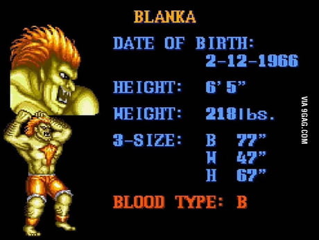 Tela de jogo da franquia Street Fighter mostrando os dados do lutador Blanka, incluindo sua data de nascimento: 12 de fevereiro de 1966.