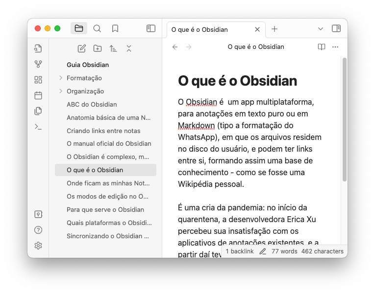 Interface do Obsidian no desktop, mostrando a edição deste post