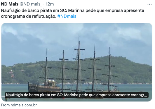 Print de chamada para a notícia: Naufrágio de barco pirata em SC: Marinha pede que empresa apresente cronograma de reflutuação. A chamada inclui foto da embarcação turística em questão, parcialmente afundada.