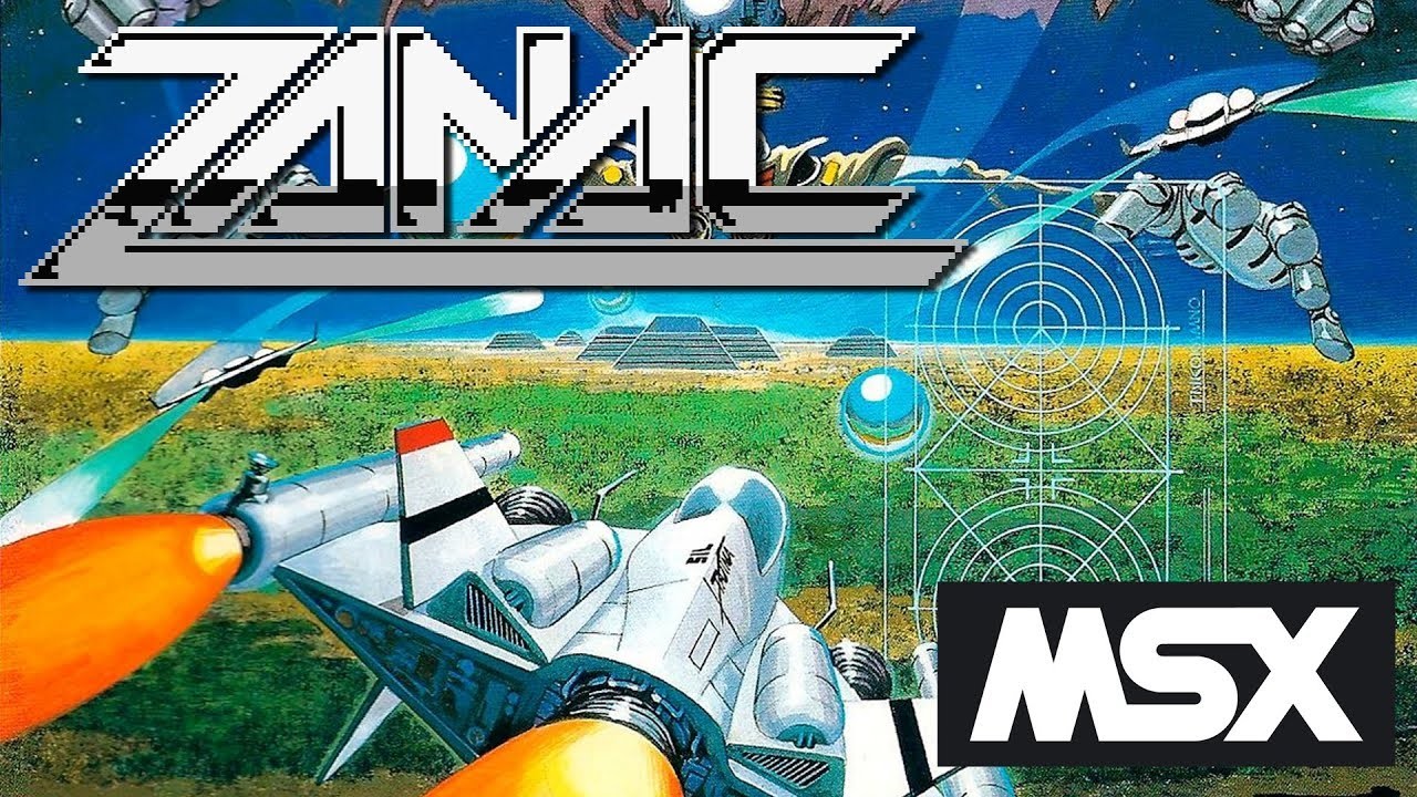 Arte com imagem da capa do jogo Zanac mostrando uma cena de combate espacial próximo à superfície de um planeta