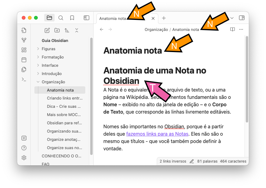 print de janela do Obsidian indicando com setas coloridas o nome e o título da nota em edição
