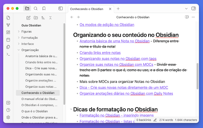 interface do Obsidian mostrando uma nota organizada em forma de MOC, com links, subtítulos, estrutura e comentários.