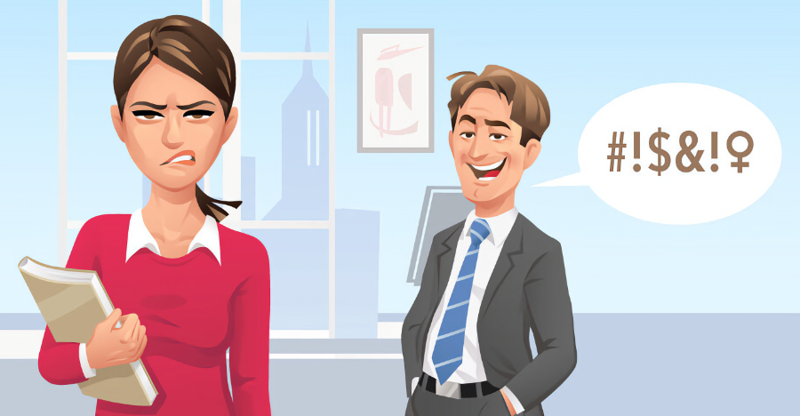 Desenho mostrando cena corporativa em que um homem de paletó diz algo ofensivo a uma mulher, que está de costas para ele e expressa desgosto no olhar