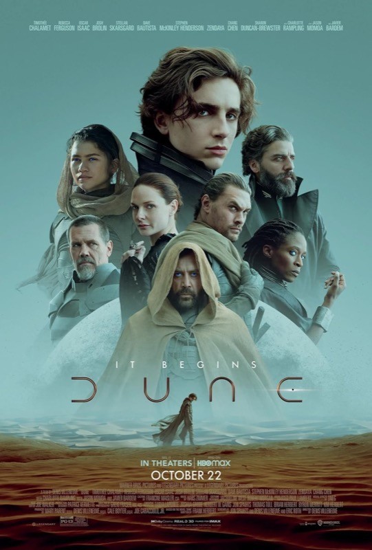 Cartaz do filme Dune, de 2021, mostrando os personagens em um cenário desértico