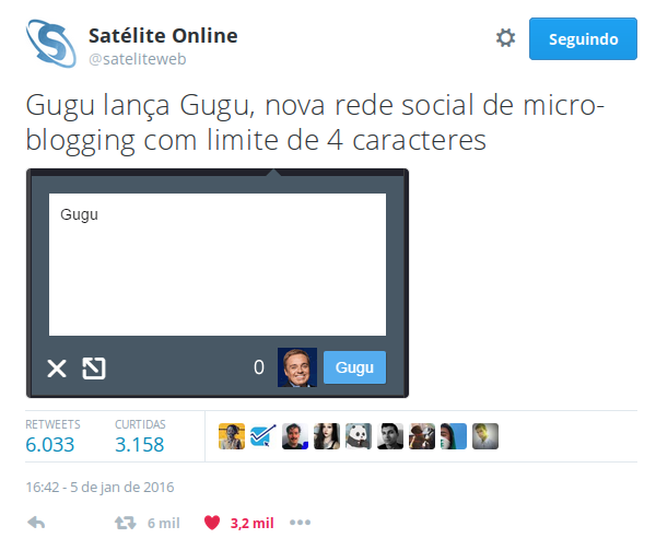 Meme de 2016 sobre a rede social Gugu, com limite de 4 caracteres por post, e ilustrado por um post de Gugu Liberato dizendo apenas a palavra Gugu