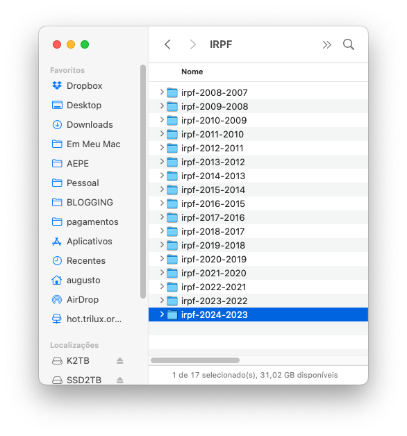 Janela mostrando o diretório IRPF do meu computador, com pastas para as declarações de cada ano, desde 2007