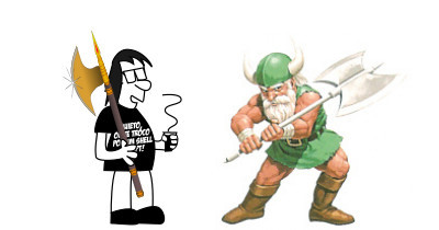 O programador dos quadrinhos do Vida do Programador, ao lado de um guerreiro empunhando um machado de combate.