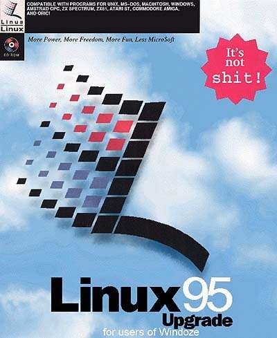arte no estilo da identidade visual do Windows 95, anunciando o Linux 95