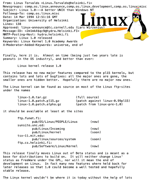 print da mensagem de anúncio do lançamento da versão 1.0 do Linux, enviada por Linus Torvalds à Usenet em 1994