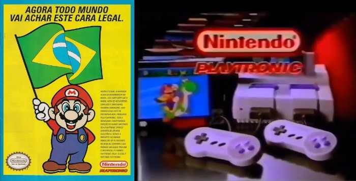 Anúncio impresso do lançamento da Playtronic, com imagem do Mario segurando uma bandeira do Brasil e o título “Agora todo mundo vai achar esse cara legal”, ao lado de uma imagem do comercial de TV do SNES da Playtronic