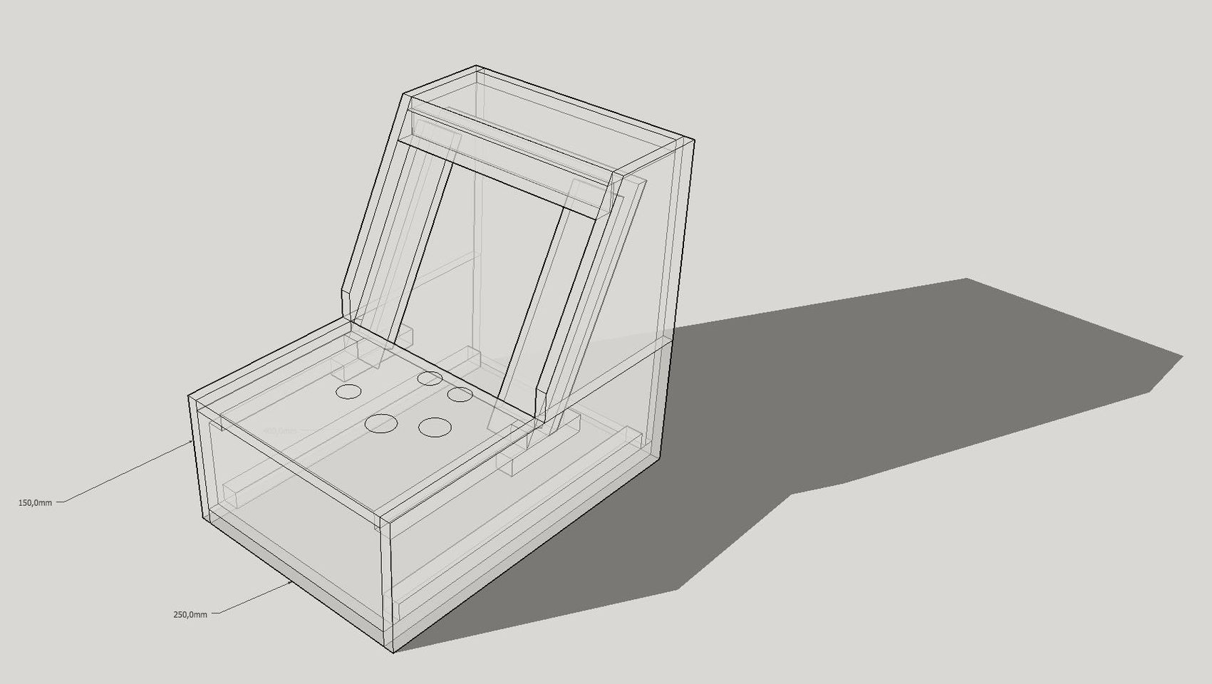 Projeto 3D monocromático transparente da montagem e furação de uma máquina de fliperama bartop com espaço para alavanca e 4 botões