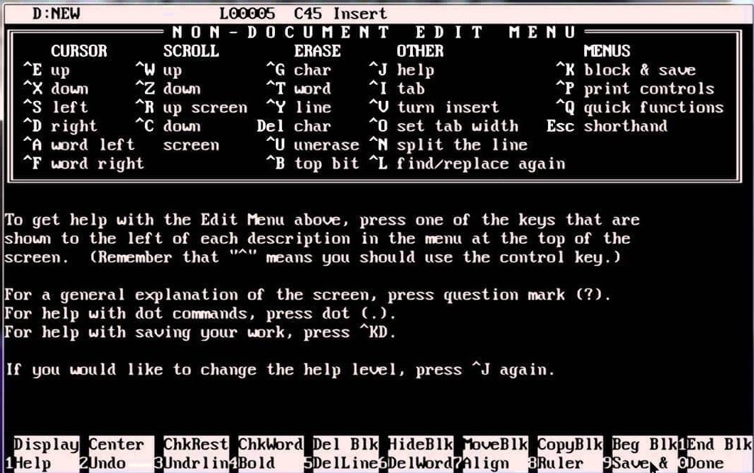 Tela do WordStar para DOS, mostrando o menu de teclas de atalho, a ajuda e os indicativos de comandos associados às teclas de função do PC.