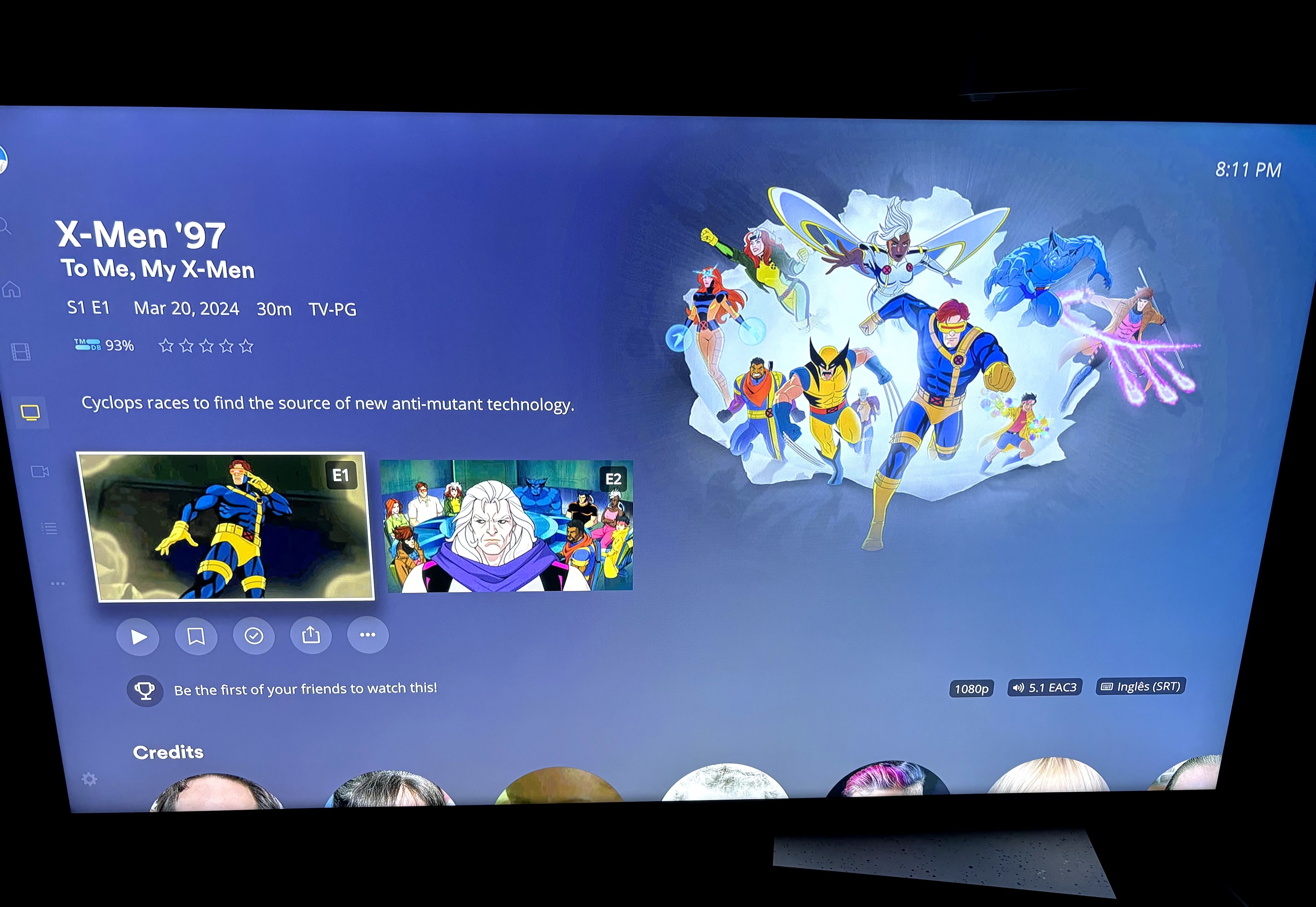 Minha TV mostrando a tela do Plex com os 2 primeiros episódios do novo desenho animado da Marvel