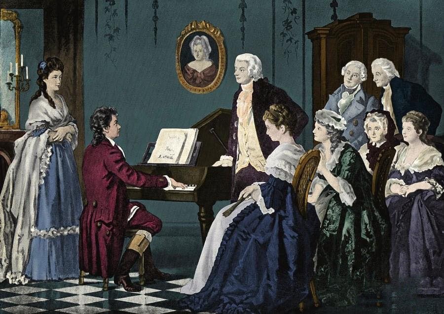 Quadro retrata o joven Beethoven se apresentando para Mozart, em meio a membros da sociedade de Viena.