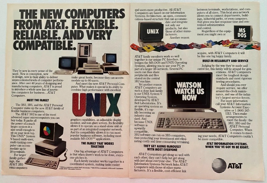 Anúncio de 1984 da AT&T oferecendo seus computadores pessoais com Unix