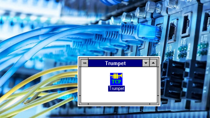 Janela e ícone do Trumpet Winsock no Windows 3.x, sobre um papel de parede de equipamentos de rede modernos