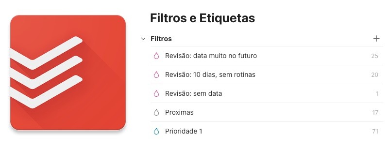 Ícone do Todoist e uma parte da lista de filtros cadastrados no meu app