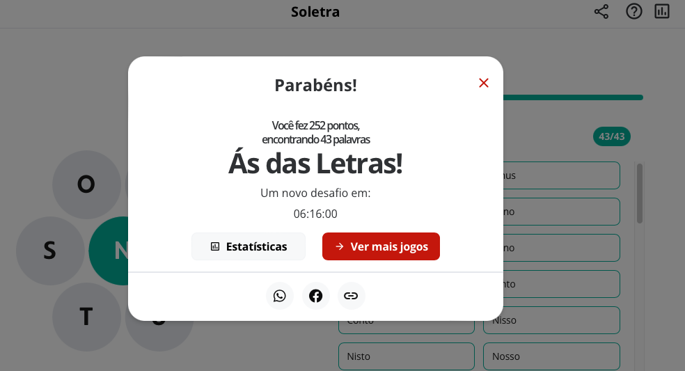 Banner de resultado do jogo on-line Soletra, dizendo: <br><br>Parabéns!<br>Você fez 252 pontos, <br>encontrando 43 palavras<br>Ás das Letras!